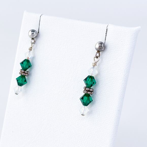 Vintage Sterling Silver 925 Green and Clear Crystal Dangle Earrings - Picture 3 of 5